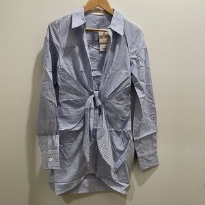 Choosy Blue White Striped Front Tie Knot Shirt Mini Dress 100% Cotton 1906DR24 2